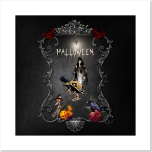 Funny halloween design with skeleton, witch and crows Posters and Art